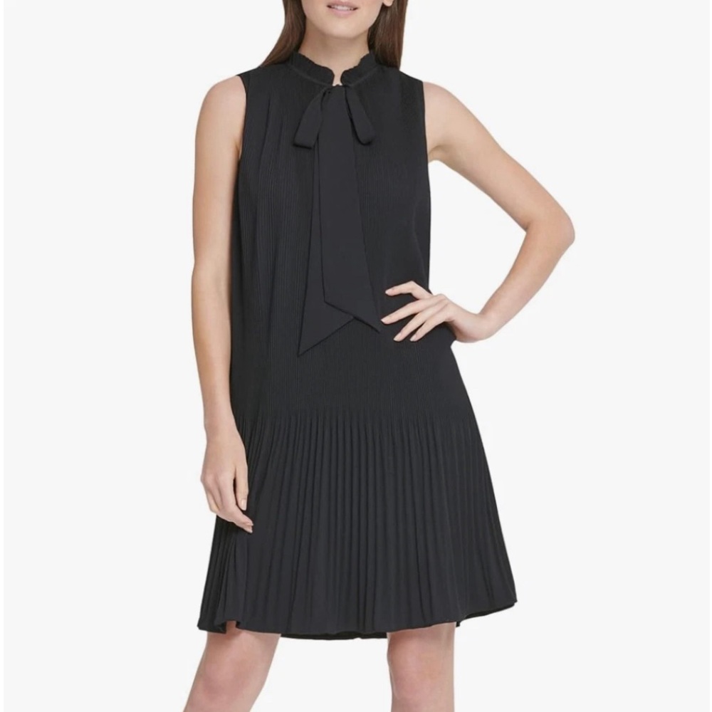 DKNY Black Sleeveless Tie-Neck Pleated Midi Dress Size 10